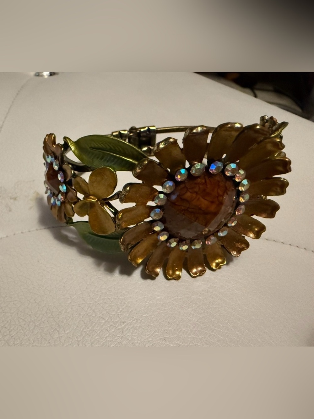 Gold-Tone Floral Crystal Cuff Bracelet - Green and Amber
